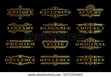 Golden premium quality label set, gold text logo template with outline contour, elegant logotype with linear frame, luxury decorative element, vintage emblems collection, isolated vector illustration