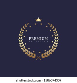 Golden premium quality labels with laurel, golden frame design, 