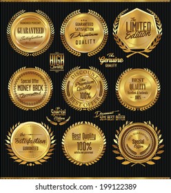 Golden premium quality labels with laurel wreaths 