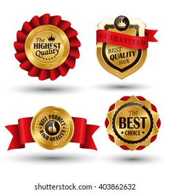 Golden Premium Quality Red Best Labels Collection Space for Text Isolated on White Background