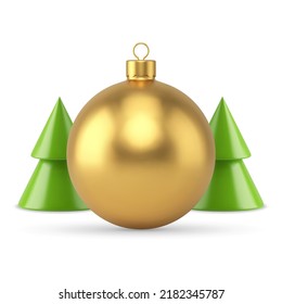 Balón de juguete Golden Premium de Navidad con árbol de Navidad verde Composición festiva navideña realista Icono Icono Icono Icono Icono Ilustración Ilustrador 3d. Brillante Año Nuevo bauble víspera de invierno adorno decorativo