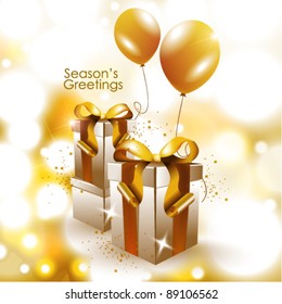 golden present box and balloon for party vector background