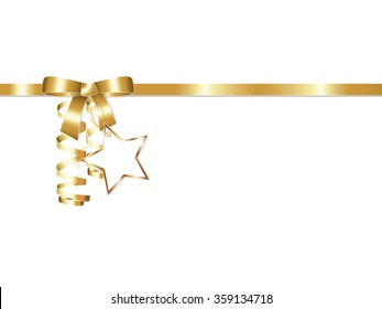 Golden present ribbon bow with streamers and star badge