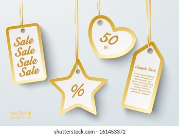 Golden price stickers with stars on the grey background. Eps 10 vector file.