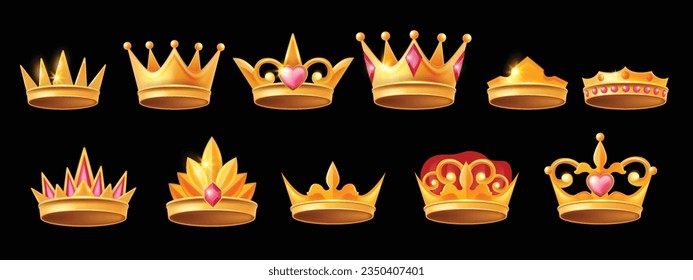 Goldene Prinzessin Kronset, Spiel UI Vektorqueen Tiara Kit, Vintage Prinz König Corona Konzept, Juwel. Juwelierschatz Diadem mittelalterliche königliche Monarchie Symbol Gewinner Zubehör. Goldenes Kronensiegsdesign