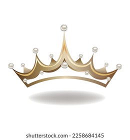 Golden princess crown or tiara adorned with pearls. Vector illustration of princess jewels isolated on white background.