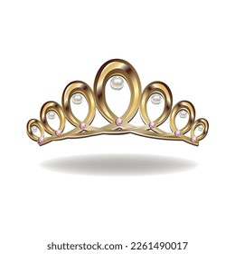 Golden princess crown or tiara adorned with pearls. Vector illustration of princess jewels isolated on white background.