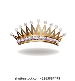 Golden princess crown or tiara with pearls and pink gems. Vector illustration of a beautiful princess jewel on a white background.