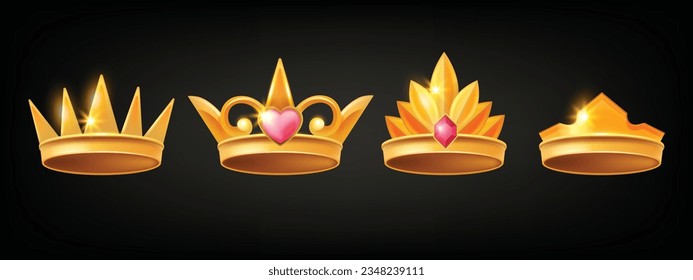 Goldene Prinzessin Kronvektorset, Spiel UI Queen Tiara Kit, Vintage Prinz König Corona Konzept, Juwel. Juwelierschatz Diadem mittelalterliche königliche Monarchie Symbol Gewinner Zubehör. Goldenes Kronensiegsdesign