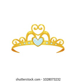 Golden princess tiara. Beautiful queen crown decorated with six blue small gemstones and one big heart-shaped gem. Precious head accessory. Flat vector design