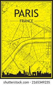 Golden printout city poster with panoramic skyline and hand-drawn streets network on yellow and black background of the downtown PARIS, FRANCE