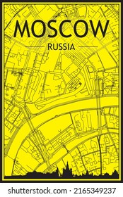 Golden printout city poster with panoramic skyline and hand-drawn streets network on yellow and black background of the downtown MOSCOW, RUSSIA