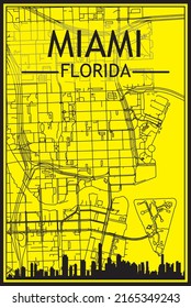 Golden printout city poster with panoramic skyline and hand-drawn streets network on yellow and black background of the downtown MIAMI, FLORIDA