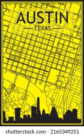 Golden printout city poster with panoramic skyline and hand-drawn streets network on yellow and black background of the downtown AUSTIN, TEXAS