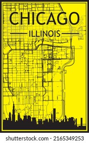 Golden printout city poster with panoramic skyline and hand-drawn streets network on yellow and black background of the downtown CHICAGO, ILLINOIS