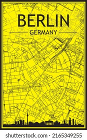 Golden printout city poster with panoramic skyline and hand-drawn streets network on yellow and black background of the downtown BERLIN, GERMANY