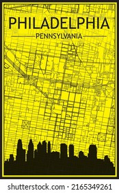 Golden printout city poster with panoramic skyline and hand-drawn streets network on yellow and black background of the downtown PHILADELPHIA, PENNSYLVANIA