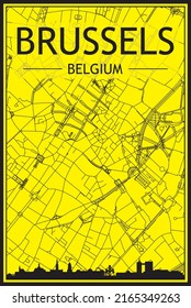 Golden printout city poster with panoramic skyline and hand-drawn streets network on yellow and black background of the downtown BRUSSELS, BELGIUM