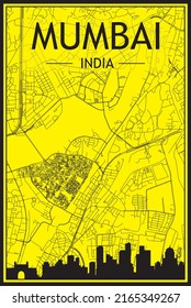 Golden printout city poster with panoramic skyline and hand-drawn streets network on yellow and black background of the downtown MUMBAI, INDIA