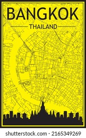 Golden printout city poster with panoramic skyline and hand-drawn streets network on yellow and black background of the downtown BANGKOK, THAILAND