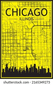 Golden printout city poster with panoramic skyline and hand-drawn streets network on yellow and black background of the downtown CHICAGO, ILLINOIS