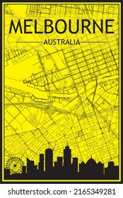 Golden printout city poster with panoramic skyline and hand-drawn streets network on yellow and black background of the downtown MELBOURNE, AUSTRALIA