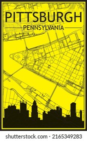 Golden printout city poster with panoramic skyline and hand-drawn streets network on yellow and black background of the downtown PITTSBURGH, PENNSYLVANIA