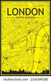 Golden printout city poster with panoramic skyline and hand-drawn streets network on yellow and black background of the downtown LONDON, UNITED KINGDOM