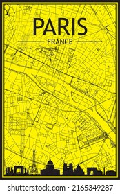 Golden printout city poster with panoramic skyline and hand-drawn streets network on yellow and black background of the downtown PARIS, FRANCE