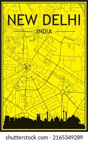 Golden printout city poster with panoramic skyline and hand-drawn streets network on yellow and black background of the downtown NEW DELHI, INDIA