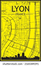 Golden printout city poster with panoramic skyline and hand-drawn streets network on yellow and black background of the downtown LYON, FRANCE
