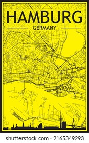 Golden printout city poster with panoramic skyline and hand-drawn streets network on yellow and black background of the downtown HAMBURG, GERMANY