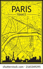 Golden printout city poster with panoramic skyline and hand-drawn streets network on yellow and black background of the downtown PARIS, FRANCE