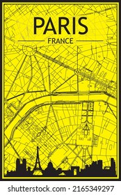 Golden printout city poster with panoramic skyline and hand-drawn streets network on yellow and black background of the downtown PARIS, FRANCE