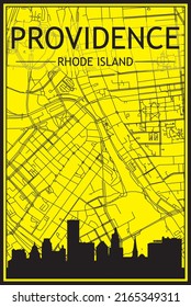 Golden printout city poster with panoramic skyline and hand-drawn streets network on yellow and black background of the downtown PROVIDENCE, RHODE ISLAND