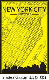 Golden printout city poster with panoramic skyline and hand-drawn streets network on yellow and black background of the downtown NEW YORK CITY, NEW YORK