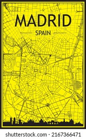 Golden printout city poster with panoramic skyline and hand-drawn streets network on yellow and black background of the downtown MADRID, SPAIN