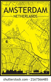 Golden printout city poster with panoramic skyline and hand-drawn streets network on yellow and black background of the downtown AMSTERDAM, NETHERLANDS