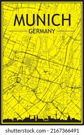 Golden printout city poster with panoramic skyline and hand-drawn streets network on yellow and black background of the downtown MUNICH, GERMANY
