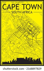 Golden printout city poster with panoramic skyline and hand-drawn streets network on yellow and black background of the downtown CAPE TOWN, SOUTH AFRICA