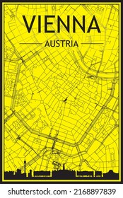 Golden printout city poster with panoramic skyline and hand-drawn streets network on yellow and black background of the downtown VIENNA, AUSTRIA