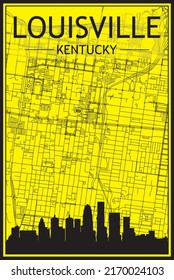 Golden printout city poster with panoramic skyline and hand-drawn streets network on yellow and black background of the downtown LOUISVILLE, KENTUCKY