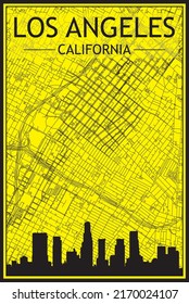 Golden printout city poster with panoramic skyline and hand-drawn streets network on yellow and black background of the downtown LOS ANGELES, CALIFORNIA