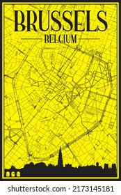 Golden printout city poster with panoramic skyline and hand-drawn streets network on yellow and black background of the downtown BRUSSELS, BELGIUM