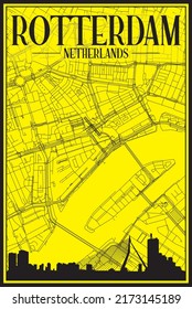 Golden printout city poster with panoramic skyline and hand-drawn streets network on yellow and black background of the downtown ROTTERDAM, NETHERLANDS