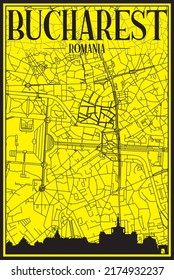 Golden printout city poster with panoramic skyline and hand-drawn streets network on yellow and black background of the downtown BUCHAREST, ROMANIA