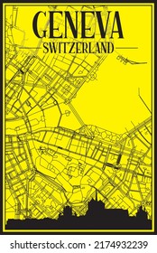 Golden printout city poster with panoramic skyline and hand-drawn streets network on yellow and black background of the downtown GENEVA, SWITZERLAND