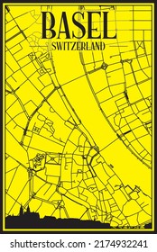 Golden printout city poster with panoramic skyline and hand-drawn streets network on yellow and black background of the downtown BASEL, SWITZERLAND