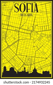 Golden printout city poster with panoramic skyline and hand-drawn streets network on yellow and black background of the downtown SOFIA, BULGARIA