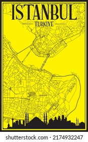 Golden printout city poster with panoramic skyline and hand-drawn streets network on yellow and black background of the downtown ISTANBUL, TURKEY